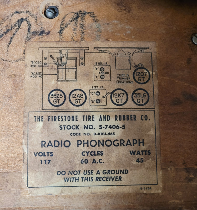 Old label inside the Firestone radio phonograph