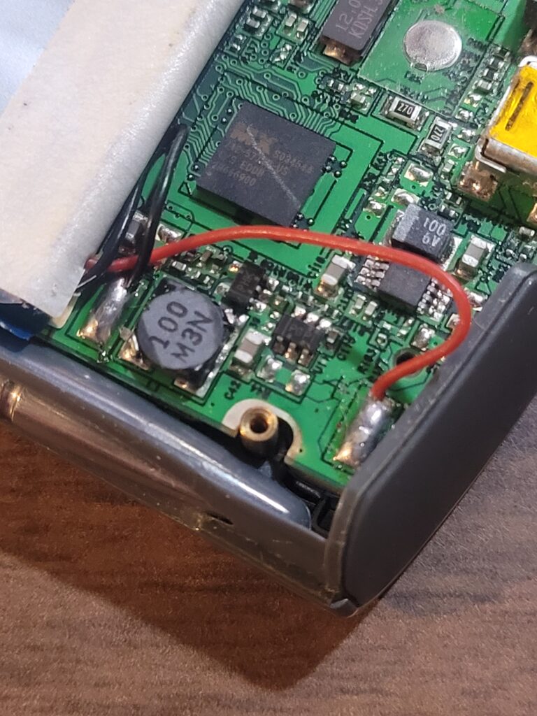 The solder joint for a battery connection.
